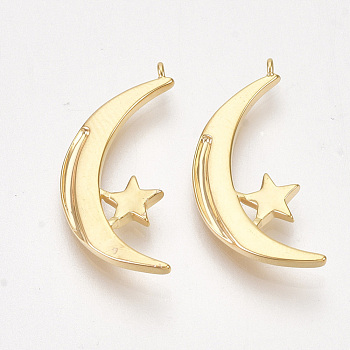 Brass Pendants, Moon and Star, Nickel Free, Real 18K Gold Plated, 23x10.5x2mm, Hole: 1mm