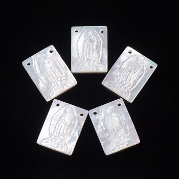 Natural White Shell Lady of Guadalupe Pendants, Religion, Rectangle with Virgin Mary, 15.5x12x2.5~3mm, Hole: 1mm