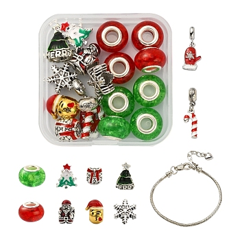 DIY European Bracelet Making Kit, Including Brass European Bracelet, Christmas Tree & Santa Claus & Glove & Candy Cane Alloy Enamel Beads & Charms & Resin Beads, Mixed Color, 18Pcs/box