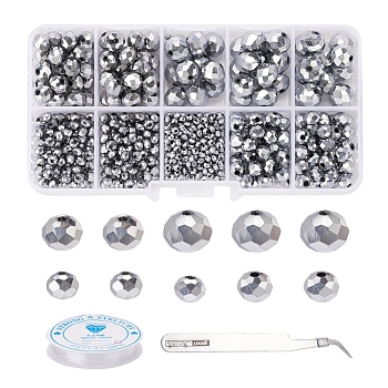 710Pcs Electroplate Transparent Glass Beads Strands, Rondelle, 410 Stainless Steel Pointed Tweezers and Elastic Crystal Thread, Mixed Color, 3~105x2~9x0.6~0.8mm, hole: 0.4~1mm, beads: 710pcs