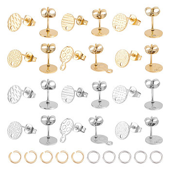 24Pcs 6 Style Ion Plating(IP) 304 Stainless Steel Flat Round Stud Findings, with Ear Nuts/Earring Backs and Hole, with 24Pcs Jump Rings, Golden & Stainless Steel Color, 8~11.5mm, Hole: 1.2~1.8mm, Pin: 0.8mm, 2Pcs/style