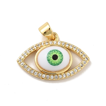 Brass Micro Pave Cubic Zirconia Pendants, with Acrylic, Cadmium Free & Lead Free, Long-Lasting Plated, Evil Eye, Real 18K Gold Plated, Green, 15x22.5x6mm, Hole: 4x3.5mm