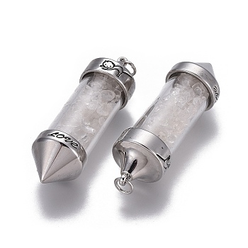 Natural Quartz Crystal Big Pointed Pendants, Rock Crystal, Dowsing Pendulum Pendants Making, with Alloy Findings, Bullet, Antique Silver, 57x17mm, Hole: 4mm