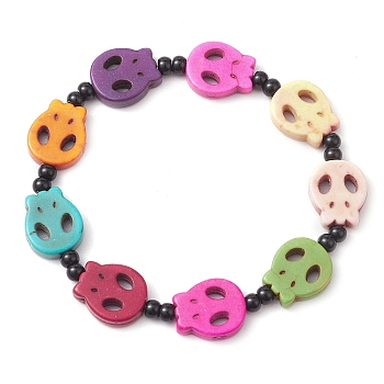 Dyed Synthetic Turquoise Halloween Skull Beaded Stretch Bracelets, Colorful, Inner Diameter: 6.2cm