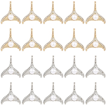 20Pcs 2 Colors Alloy Crystal Rhinestone Pendants, Mermaid Tail Shape Charms, with ABS Plastic Imitation Pearl Beads, Mixed Color, 23x20x7mm, Hole: 4x3mm, 10pcs/color