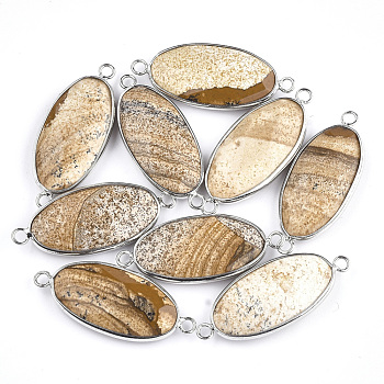 Natural Picture Jasper Links connectors, with Brass Findings, Faceted, Oval, Platinum, 39x16x6mm, Hole: 2mm