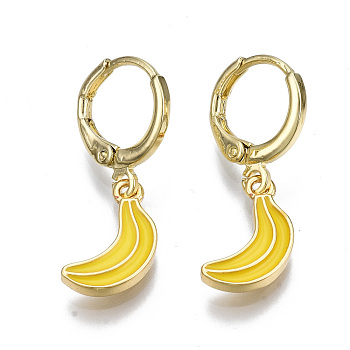 Brass Enamel Huggie Hoop Earrings, Nickel Free, Banana, Real 16K Gold Plated, Yellow, 27x7.5mm, Pin: 1mm