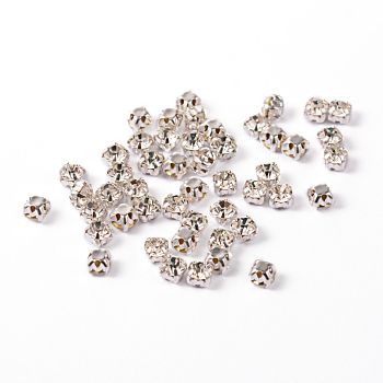 Sew on Rhinestone, Grade A Glass Rhinestone, with Brass Prong Settings, Garments Accessories, Silver Color Plated Metal Color, Crystal, 3.8~4x3.8~4mm, Hole: 1mm(The hole in the bottom is random.), about 1440pcs/bag