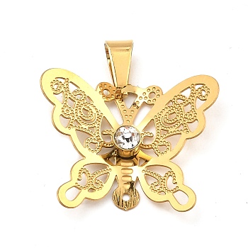 Ion Plating(IP) 304 Stainless Steel Pendant with Rhinestone, Butterfly Charms, Golden, 21x25x5.5mm, Hole: 7x3.5mm