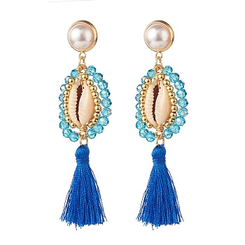 Beads Wire Wrap Long Dangle Stud Earring, Natural Shell with Polyester Tassel Drop Earrings for Women, Golden, Dodger Blue, 85mm, Pin: 0.9mm