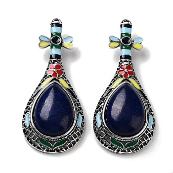 Tibetan Style Alloy Brooches, with Natural Lapis Lazuli and Eneml, Antique Silver, 66x27.5x18mm, Hole: 8.4x4.2mm