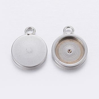 201 Stainless Steel Pendant Cabochon Settings, Flat Round, Stainless Steel Color, Tray: 8mm, 13x10x2mm, Hole: 2mm