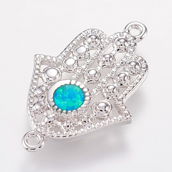 Brass Links connectors, with Synthetic Opal, Hamsa Hand/Hand of Fatima/Hand of Miriam, Platinum, Blue, 20x13x2mm, Hole: 1mm