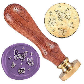Wax Seal Stamp Set, 1Pc Golden Tone Sealing Wax Stamp Solid Brass Head, with 1Pc Wood Handle, for Envelopes Invitations, Gift Card, Butterfly, 83x22mm, Head: 7.5mm, Stamps: 25x14.5mm