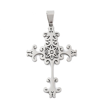 201 Stainless Steel Pendants, Laser Cut, Cross Charm, Stainless Steel Color, 46.5x29.5x1.5mm, Hole: 9x5mm