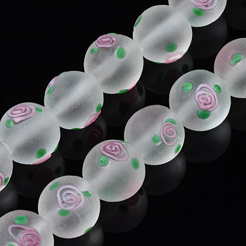 Handmade Frosted Lampwork Beads Strands, Round with Flower, Clear, 11~12mm, Hole: 1.4mm, about 45pcs/strand, 19.69 inch(50cm)