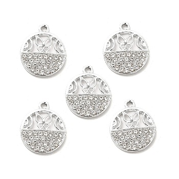 Alloy Crystal Rhinestone Pendants, Flat Round with Hollow Out Butterfly Charms, Platinum, 20.5x17x2.6mm, Hole: 1.8mm