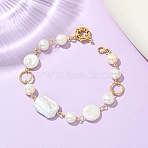 Brass & Natural Cultured Freshwater & Keshi Pearl Beads Link Bracelets for Women, Flat Round & Rectangle & Two Sides Polished, Golden, 7.64 inch(19.4cm)(BJEW-JB14042)