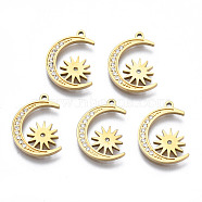 316 Surgical Stainless Steel Pendants, with Micro Pave Clear Cubic Zirconia and Jump Rings, Moon with Sun, Real 14K Gold Plated, 17x12x1.5mm, Hole: 1.2mm(STAS-N097-037)