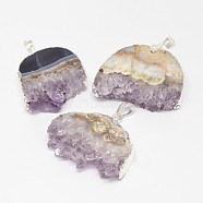Natural Druzy Amethyst Pendants, with Brass Finding, Silver Color Plated, 45~47x33~40x8~9mm, Hole: 5x8mm(G-G895-06S)