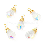 Rack Plating Brass with Glass Pendant, Cadmium Free & Lead Free, Long-Lasting Plated, Faceted Teardrop Charms, Clear AB, 19.5~21x9.5mm, Hole: 2.5~3mm(KK-C023-01A)