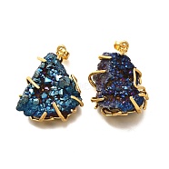 Electroplated Natural Druzy Agate Pendants, Nuggets Charms with Brass Findings, Rack Plating, Golden, Long-Lasting Plated, Lead Free & Cadmium Free, Blue Plated, 31~37.5x24.5~29x8.5~17mm, Hole: 8x5mm(G-K338-45G-05)