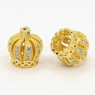 Crown Brass Micro Pave Cubic Zirconia Beads, Golden, 11x10mm, Hole: 1mm(ZIRC-D026-01G)