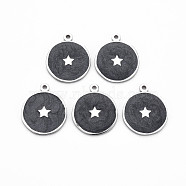 304 Stainless Steel Enamel Pendants, Stainless Steel Color, Flat Round with Star, Black, 17.5x15x1mm, Hole: 1.2mm(STAS-S117-029)