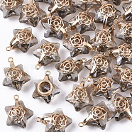Glass Pendants, with Light Gold Plated Brass Ice Pick Pinch Bails, Faceted, Star with Rose, Light Grey, 16x13.5x7mm, Hole: 1.2mm(GLAA-N038-005A)