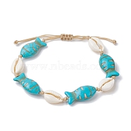 Natural Shell & Synthetic Turquoise Braided Bead Bracelets, Fish, Inner Diameter: 1-7/8~3 inch(4.7~7.5cm), Fish: 22x12mm(AJEW-AN00562-03)