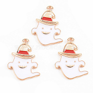 Light Gold Tone Alloy Enamel Pendants, Cadmium Free & Lead Free, Halloween, Ghost with Hat, White, 25x17.3x1.8mm, Hole: 1.5mm(ENAM-T018-06)