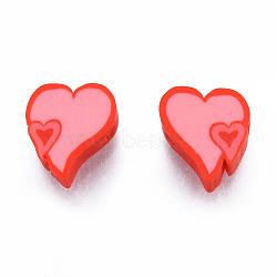 Handmade Polymer Clay Beads, Heart, Red, 9~10x9~9.5x4~4.5mm, Hole: 1.5mm(CLAY-N011-79)