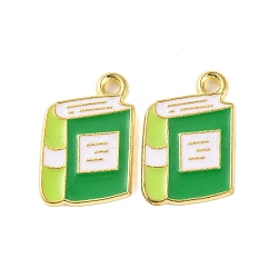 Golden Plated Alloy Enamel Pendants, Cadmium Free & Lead Free, Book Charm, Green, 17x11x1mm, Hole: 1.6mm(X-ENAM-Z017-12G-02)