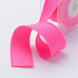 Polyester Frayed Grosgrain Ribbons, Printed, with Fringe Tassel, Hot Pink, 1 inch(25mm), about 50yards/roll(45.72m/roll)(ORIB-N0002-25mm-09)