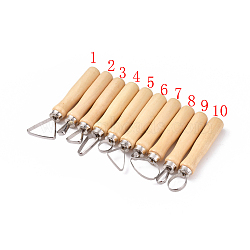 Pottery Sculpting Tool Sets, Stainless Steel Wooden Thick Handle Flat Wire Cutter Clay Sculpting Tool Kit, BurlyWood, 11.4~14.1x2~4.6cm, 10pcs/set(TOOL-L006-01)