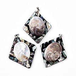 Brass Paua Shell with Black Lip Shell Rhombus Big Pendants, with Portrait Cameos, Girl, Undyed, 65x55x8mm, Hole: 3x4mm(SSHEL-F0006-29-01)