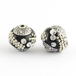 Handmade Indonesia Beads, with Crystal Rhinestones and Alloy Cores, Round, Antique Silver, Black, 14~16x14~16mm, Hole: 1.5mm(IPDL-R437-10)