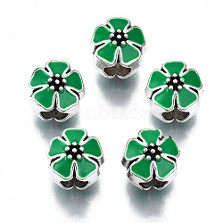 Alloy Enamel European Beads, Large Hole Beads, Cadmium Free & Lead Free, Antique Silver, Flower, Lime Green, 10x10x10mm, Hole: 4.5mm(MPDL-T005-006A-RS)