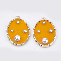 Alloy Pendants, with ABS Plastic Imitation Pearl and Epoxy Resin, Oval, Light Gold, Orange, 34x23x6mm, Hole: 1.6mm(CRES-T014-29D)