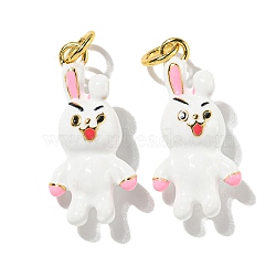 Rack Plating Brass Enamel Pendants, with Jump Ring, Long-Lasting Plated, Lead Free & Cadmium Free, Rabbit Charm, Real 18K Gold Plated, White, 21.5x10x6.5mm, Hole: 3mm(KK-S366-01G)