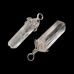 Natural Quartz Crystal Big Pointed Pendants, with Brass Findings, Bullet, Platinum, 49~57x10~13mm, Hole: 5x6mm(G-P253-01P)