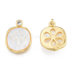 Natural Freshwater Shell Pendants, with Brass Pave Clear Cubic Zirconia Findings, Real 18K Gold Plated, Nickel Free, Oval Charm with Dragonfly, Creamy White, 20x15x5.5mm, Hole: 1.8mm(KK-N233-430)