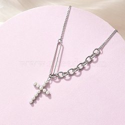 304 Stainless Steel & ABS Plastic Imitation Pearl Cross Pendant Necklaces, White, Stainless Steel Color, 16.61 inch(42.2cm)(NJEW-S442-09P)