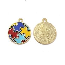 Alloy Enamel Pendants, Flat Round with Autism Puzzle Pattern Charm, Golden, Colorful, 23x20x1mm, Hole: 2mm(ENAM-J650-02G-01)