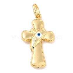 Brass Pendants, with Enamel, Real 18K Gold Plated, Long-Lasting Plated, Cross with Evil Eye Charm, White, 40x26x7mm, Hole: 10x7mm(KK-E076-02G-07)