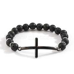 Natural Lava Rock Beaded Stretch Bracelets for Women Men, Cross, Inner Diameter: 7-1/4 inch(18.5cm)(MG9269-3)