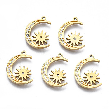 316 Surgical Stainless Steel Pendants, with Micro Pave Clear Cubic Zirconia and Jump Rings, Moon with Sun, Real 14K Gold Plated, 17x12x1.5mm, Hole: 1.2mm