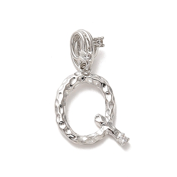 Rack Plating Brass Micro Pave Cubic Zirconia European Dangle Charms, Large Hole Letter Pendant, Platinum, Long-Lasting Plated, Cadmium Free & Lead Free, Letter Q, 24.5mm, Charm: 17.5x15.5x2mm, Hole: 4x2.5mm