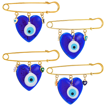 4Pcs 4 Color Lampwork Heart Evil Eye Charms Safety Pin Brooch, Golden Iron Sweater Shawl Clips for Waist Pants Extender Clothes Dresses Decorations, Mixed Color, 55x75mm, 1Pc/color