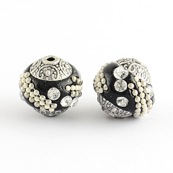 Handmade Indonesia Beads, with Crystal Rhinestones and Alloy Cores, Round, Antique Silver, Black, 14~16x14~16mm, Hole: 1.5mm